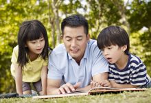 Father and children reading book together