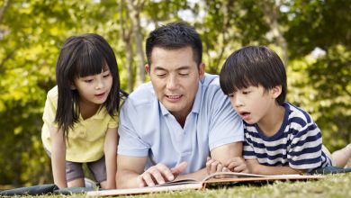 Father and children reading book together