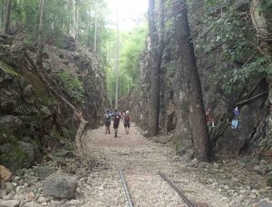 Walking the railway at ‘Hellfire Pass’. Photo credit: World Challenge