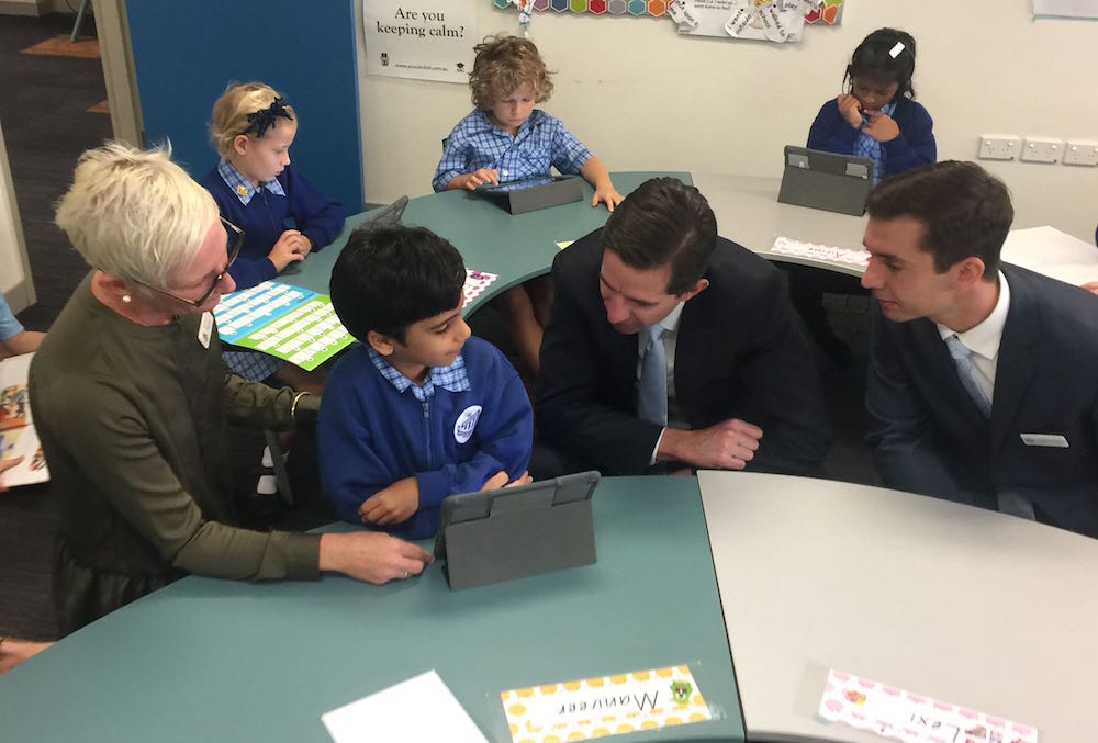 Education minister Simon Birmingham in a classroom at Windsor State School, Queensland.