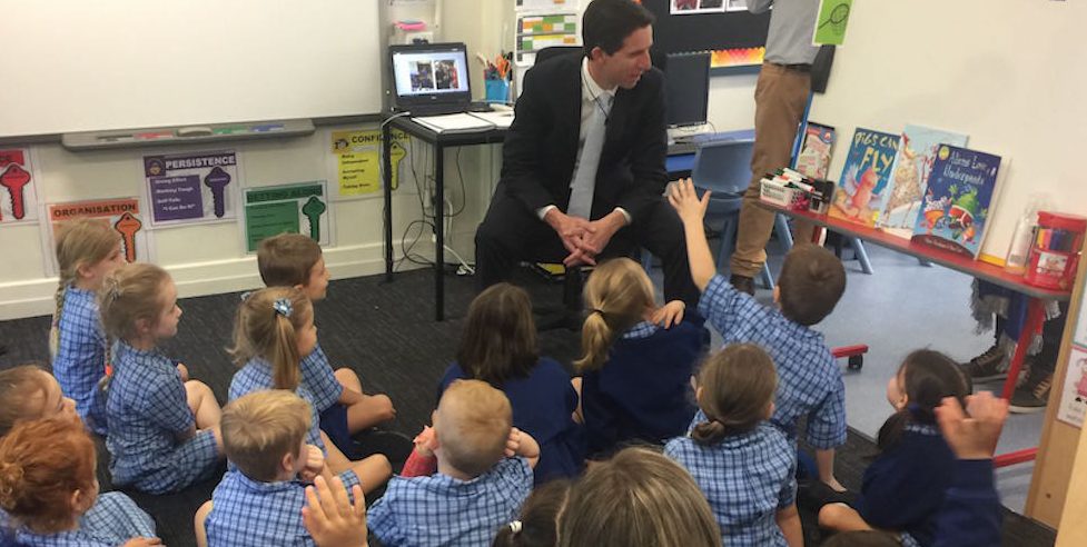 Education minister, Simon Birmingham at Windsor State School, Queensland