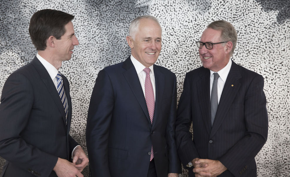 L-R: education minister, Simon Birmingham, prime minister, Malcolm Turnbull, David Gonski