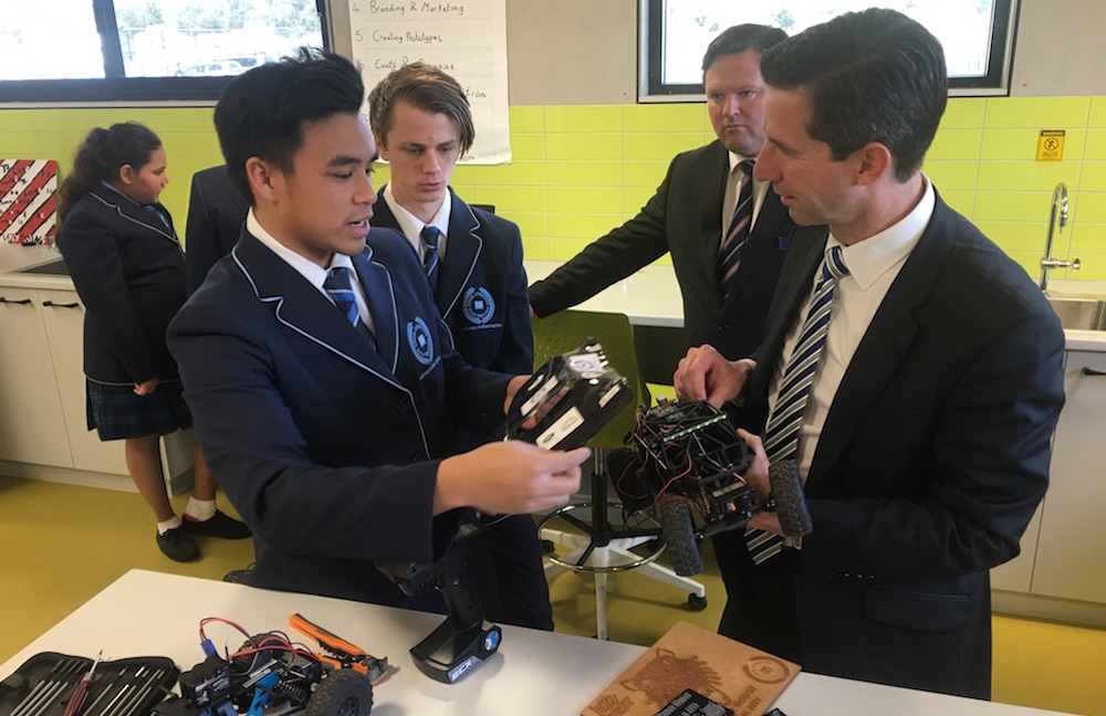 Simon Birmingham with students at Cecil Andrews College.